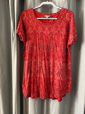 Lucky Brand Red Paisley Short Sleeve Scoop Neck Tee, Women’s Size 1X